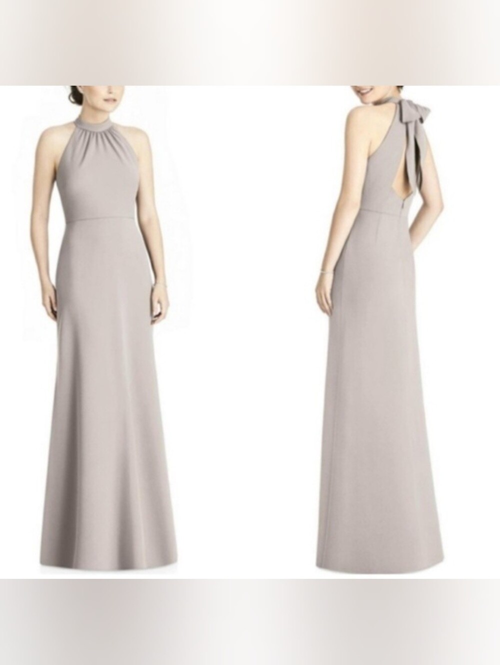 Jenny Yoo Crepe Halter Back Neck Bow Taupe Dress